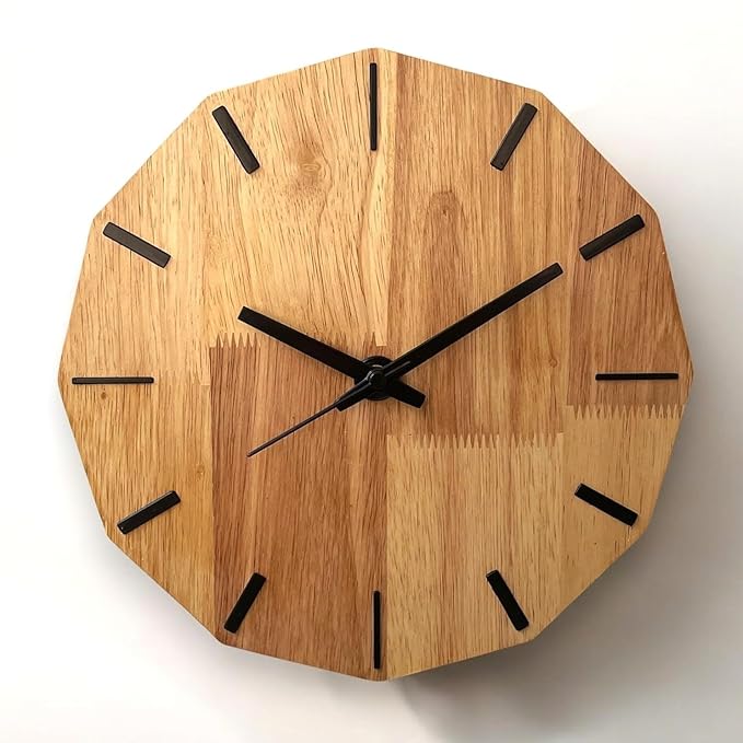 Space WeDecor Bold Edge Wall Clock | Minimalist & Geometric Design | 12-Sided Dodecagon Shape | Modern Minimalist | 11-Inch Premium | Rubberwood | Natural Wood | Silent Sweep Movement (Non-Ticking)