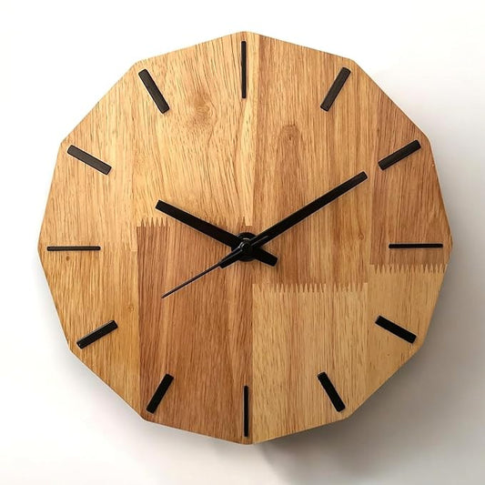 Space WeDecor Bold Edge Wall Clock | Minimalist & Geometric Design | 12-Sided Dodecagon Shape | Modern Minimalist | 11-Inch Premium | Rubberwood | Natural Wood | Silent Sweep Movement (Non-Ticking)